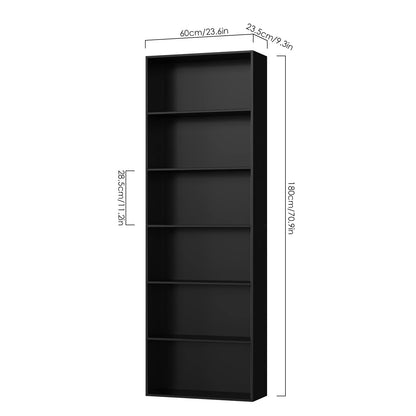 Bookcase 6 Tiers in Black, 60x23.5x180cm, Tall Bookshelf Display Shelf, Freestanding Wooden Storage Unit for Living Room, Bedroom, Office, Modern Vertical Shelf