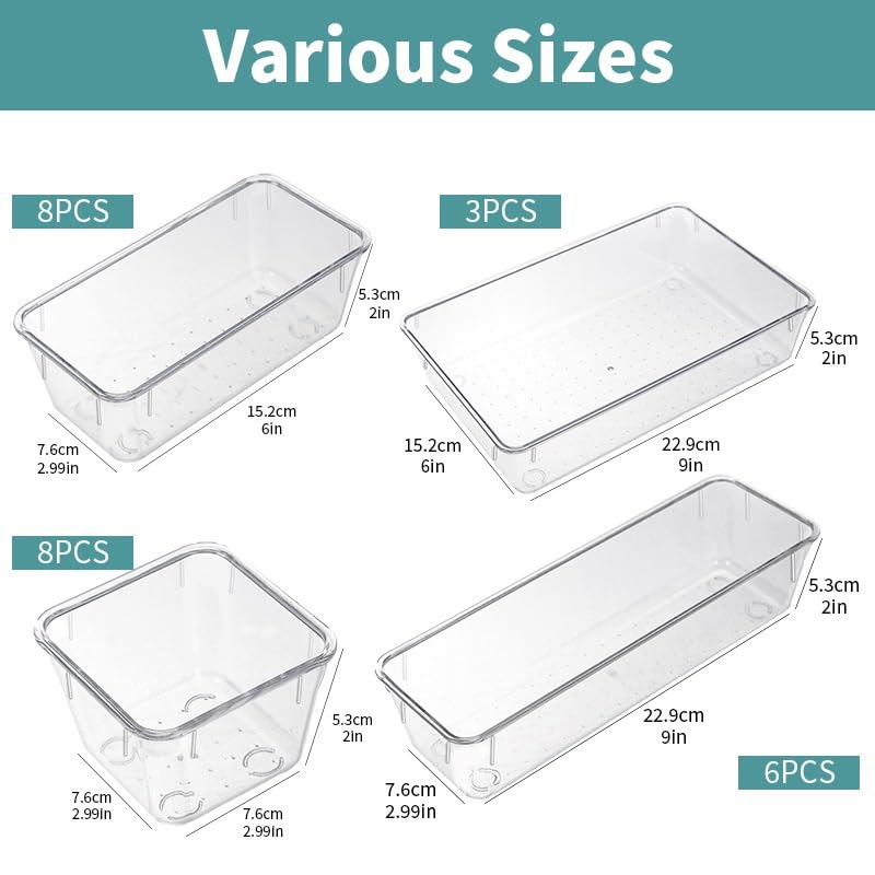 LUMOZA 25 PCs Clear Drawer Organizer Tray Set 4 Sizes of Makeup Drawer Organize Acrylic Organizer Bins for Jewelry Kitchen Gadgets and Office Supplies