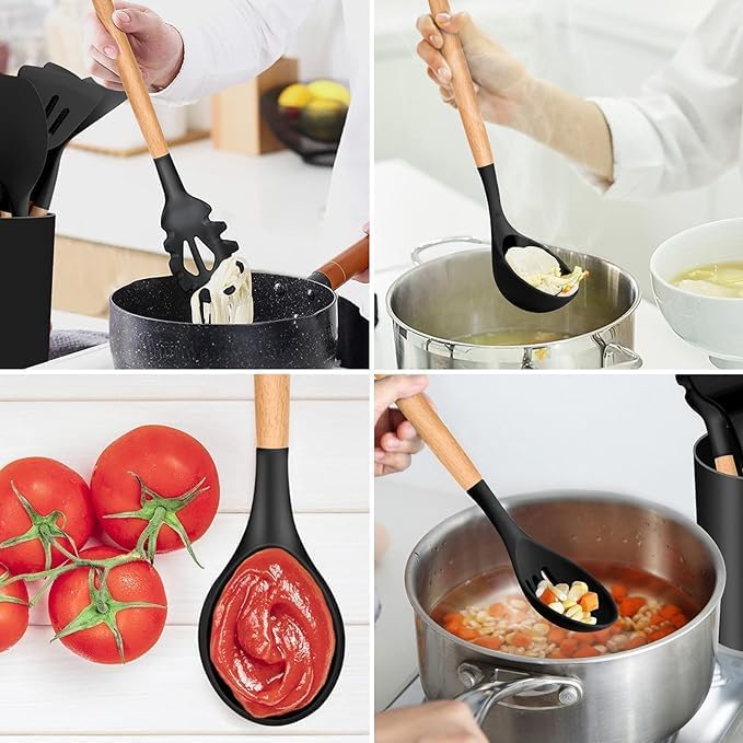 Silicone Non Scratch Cookware Utensils Kit Designed With Heat Resistant Wooden Handles And Include Plastic Stand Elegant Design Practical For Kitchen Set Of 11 Pieces - Black
