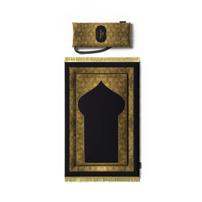 Padded Prayer Rug for Kids in Gold and Black velvet, 57x95 cm, a soft mat designed to be a comfortable and inviting space for children to learn and perform their daily prayers