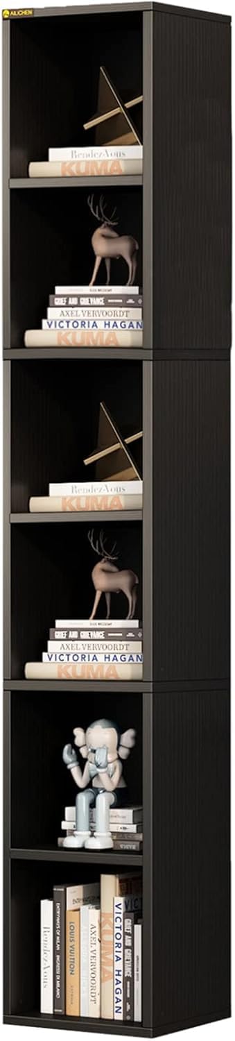 Tall Narrow Bookshelf, 6 Shelf Wooden Corner Bookcase, Modern Skinny Cubes Storage Organizer Display Shelving for Bedroom, Library, Living Room, or Home Office (Black)
