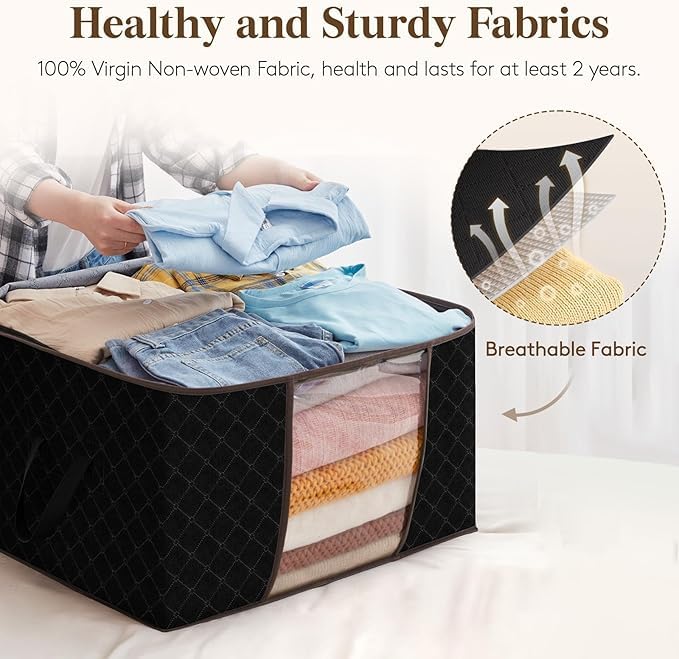 6 Pack Large Foldable Storage Boxes with Zipper & Reinforced Handles, Linen Clothes Organizer for Blankets, Comforters & Seasonal Items - Black