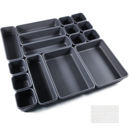 16 x Kitchen Drawer Storage Organiser for Office Drawer Plastic Room with 40 x Non-Slip Silicone Balls, Bath Trays for Makeup, Kitchen (Black)