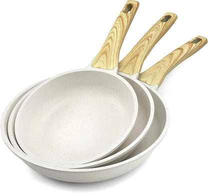 Granite Pan Set - 3 Pieces, Non-Stick Coating, Beige, Scratch-Resistant, Heat Distribution, Ergonomic Handles, Easy to Clean, Perfect for Cooking and Frying