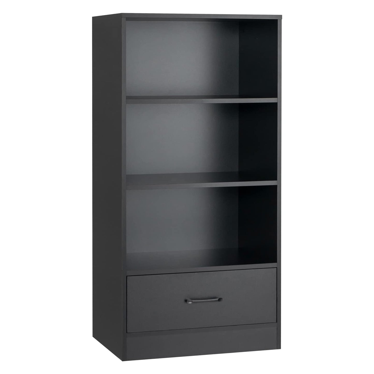 Wooden Bookcase with Drawer, Freestanding Storage Bookshelf Cabinet with 3-Tier Open Shelves, Display Rack Shelving Unit for Living Room or Office (Black)