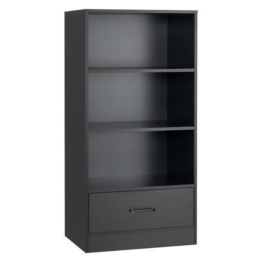 Wooden Bookcase with Drawer, Freestanding Storage Bookshelf Cabinet with 3-Tier Open Shelves, Display Rack Shelving Unit for Living Room or Office (Black)