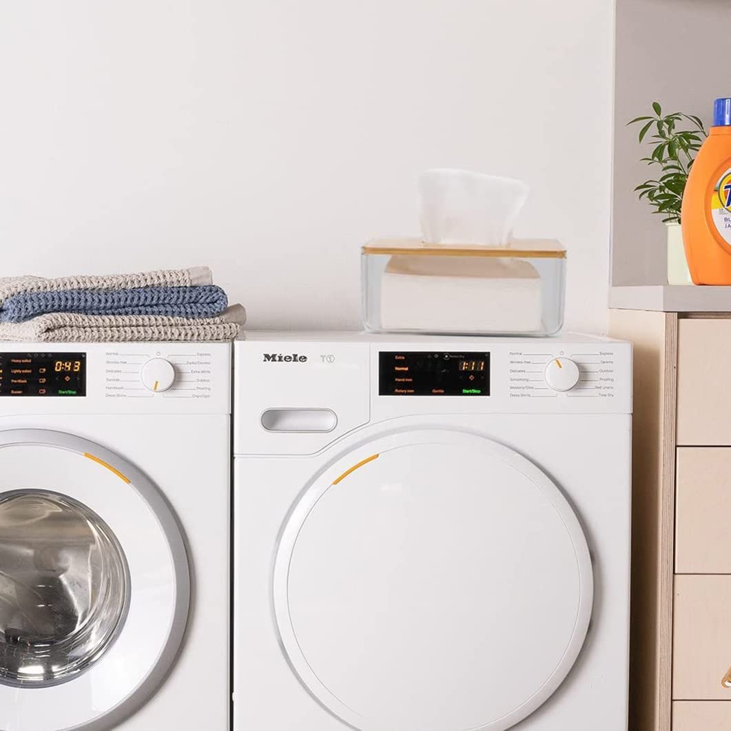 ANTOLE Tissue Box Cover Holder, Clear Acrylic Rectangular Tissues Dispenser Box Dryer Sheet Wet Toilet Paper Tray with Bamboo Wood Lid,Tissue Organizer for Bathroom,Living Room,Bathroom (Clear)