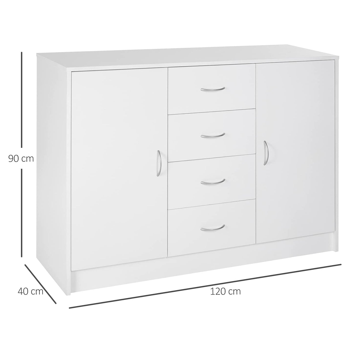 Sideboard in White, Storage Cabinet with 2 Doors and 4 Drawers, Free Standing Cupboard, Chest Organizer for Kitchen, Living Room, or Bedroom, Modern Credenza