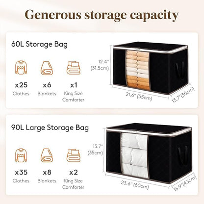 6 Pack Large Foldable Storage Boxes with Zipper & Reinforced Handles, Linen Clothes Organizer for Blankets, Comforters & Seasonal Items - Black