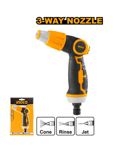 INGCO Plastic Trigger Nozzle, 3-Way Adjustable Garden Hose Spray, Black and Orange, HWSG6031