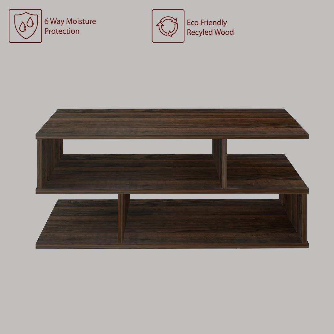 s-Shape Wood Coffee Table in Walnut, Modern Centre Table for Living Room, Tea Table with Lower Shelf, Unique Geometric Design, Two-Tier Storage