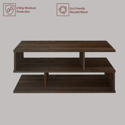 s-Shape Wood Coffee Table in Walnut, Modern Centre Table for Living Room, Tea Table with Lower Shelf, Unique Geometric Design, Two-Tier Storage