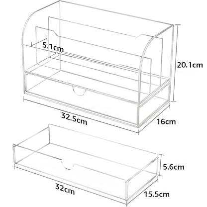 Minimalist Acrylic Desk Organizer and File Sorter, Transparent Desktop Storage Solution with 3 Vertical Slots and 1 Integrated Drawer for Home and Office, Sleek Modern Design
