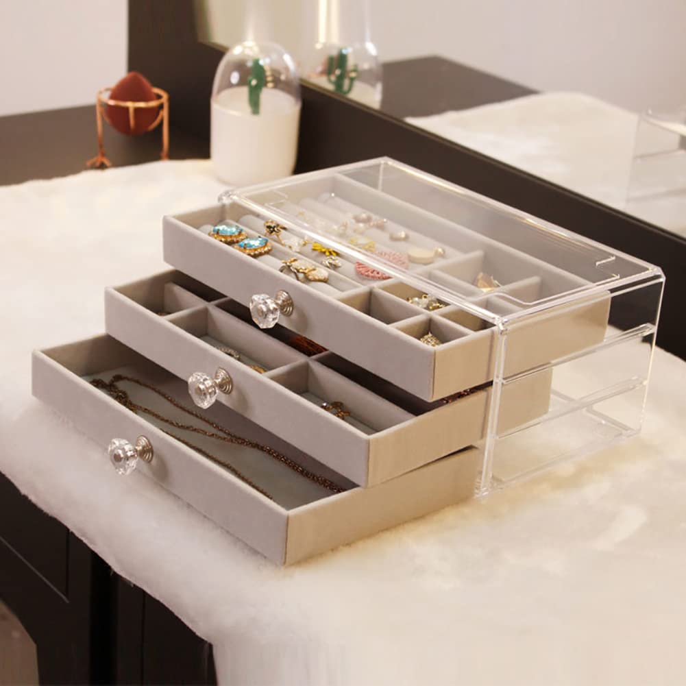 Zgwafdww Acrylic Jewelry Organizer, Earring Rings Necklaces Bracelets Display Case, Organizer Box Clear Jewelry Case, with 3 Drawers Adjustable Jewelry Box, Velvet Trays design