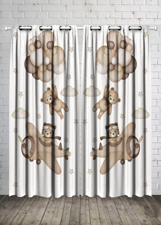 Kids Room Bear Balloon and Cloud Curtain -Linen Velvet Fabric -Privacy - Steel Grommets - 2 Pieces