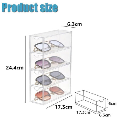 Acrylic Sunglasses Organizer with 4-Lid Drawer Storage, Clear Rectangular Box for Eyewear, Cosmetics, or Accessories, Suitable for Bathroom, Desk, Countertop, Office, and Dorm Use, Clear
