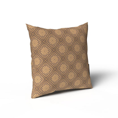 Era Velvet Cushion Cover in Brown & Gold, an opulent 40x40 cm decorative throw pillow with a luxurious Islamic pattern, ideal for creating a rich and festive atmosphere for Ramadan