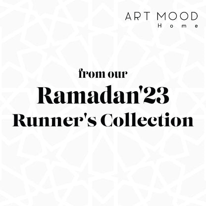Arabesque Velvet Table Runner, a luxurious multicolor 35x140 cm table linen with an intricate Islamic pattern, an elegant centerpiece for dining tables, consoles, or festive events