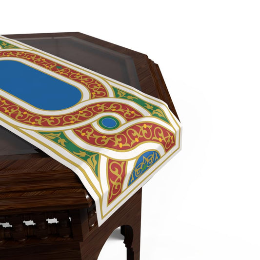 Ramadan's Unique Orient Velvet Runner in White & Beige, 35x140 cm, a Decorative Centerpiece with an Elegant Eastern-Inspired Pattern, perfect for a Sophisticated Ramadan Dining Setting