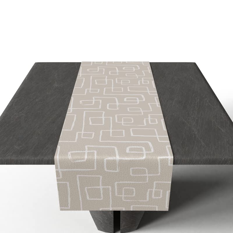 Haven 1 Velvet Table Runner in Beige & Blue, a 35x140 cm decorative centerpiece with a calming and subtle geometric design, adds a touch of soft, understated luxury to your dining decor