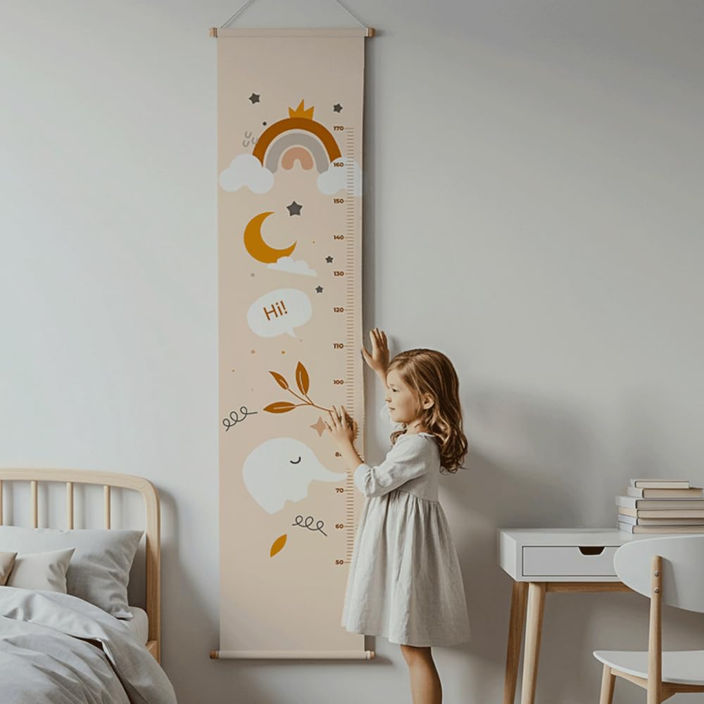 Fabric Posters For Kids – Height Measurement Wall Hanging with Wooden Frame – Bohemian Nursery Room Decor for Boys & Girls – Canvas Ruler Chart