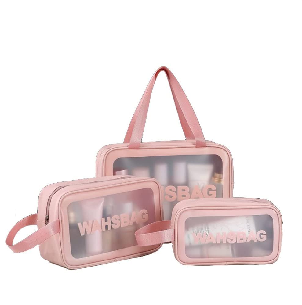 3Pcs Clear Cosmetic Bag Vinyl Air Travel Toiletry Bags Bulk, Water Resistant PVC Packing Cubes with Zipper Closure & Carry Handle for Women Baby Men, Make-up brush Case Beach Pool Spa Gym Bag (Pink)