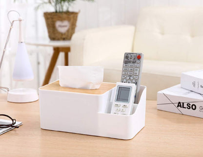 حامل مناديل متعدد الوظائف - علبة مناديل مستطيلة بغطاء خشبي، منظم سطح مكتب للهواتف والأجهزة اللوحية وجهاز التحكم عن بعد والأقلام ومستحضرات التجميل، مثالي للمنزل والمكتب - أبيض