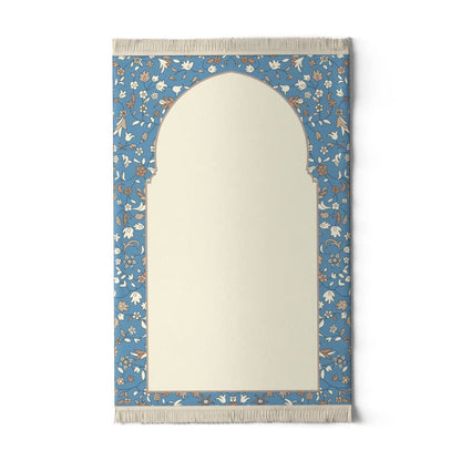 Velvet Prayer Mat in Beige and Blue, 68x117 cm, a comfortable Islamic rug with a soft design, ideal for daily use at home, the mosque, or for travel, ensuring a clean prayer space