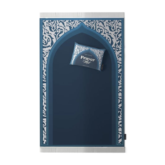 Velvet Prayer Mat in a rich Blue color, 68x117 cm, a luxurious and soft rug for comfortable prayer, featuring a traditional design that is ideal for use at home, the mosque, or while traveling