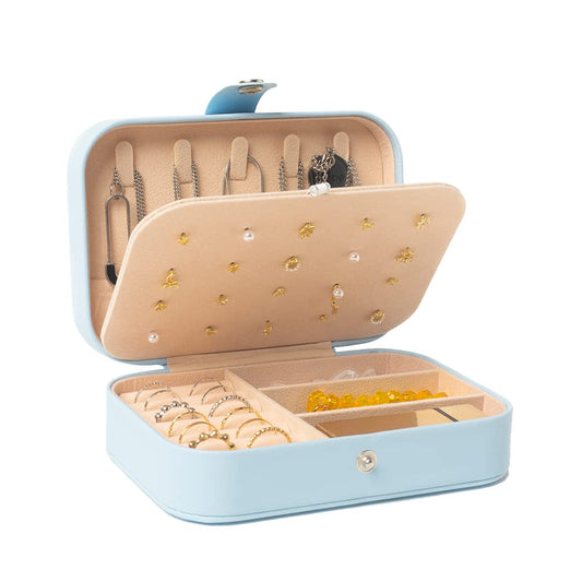 Small Travel Jewellery Box With Adjustable Compartments, Portable Organizer for Rings, Necklaces, Earrings, and Bracelets, Light Blue, 16 x 11 x 5 cm
