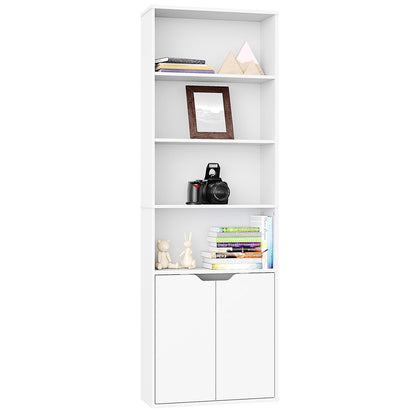 6 Tier Bookcase with 2 Doors in White, Wooden Cube Shelves, Tall Bookshelf Storage Cupboard, Soild Wood Organizer Display Free Standing Unit for Living Room