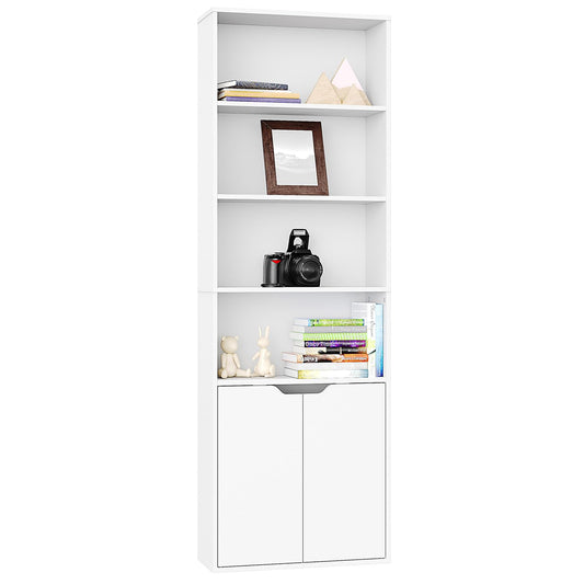 6 Tier Bookcase with 2 Doors in White, Wooden Cube Shelves, Tall Bookshelf Storage Cupboard, Soild Wood Organizer Display Free Standing Unit for Living Room