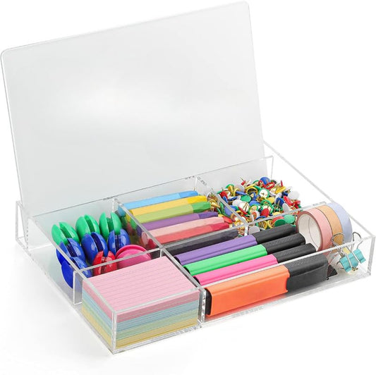Desktop Glass Dry Erase Board with Organizer, Small Whiteboard with Storage Base and Marker Tray, Modern Desk Pad and Note Board for Office, Home, and School Supplies (White)