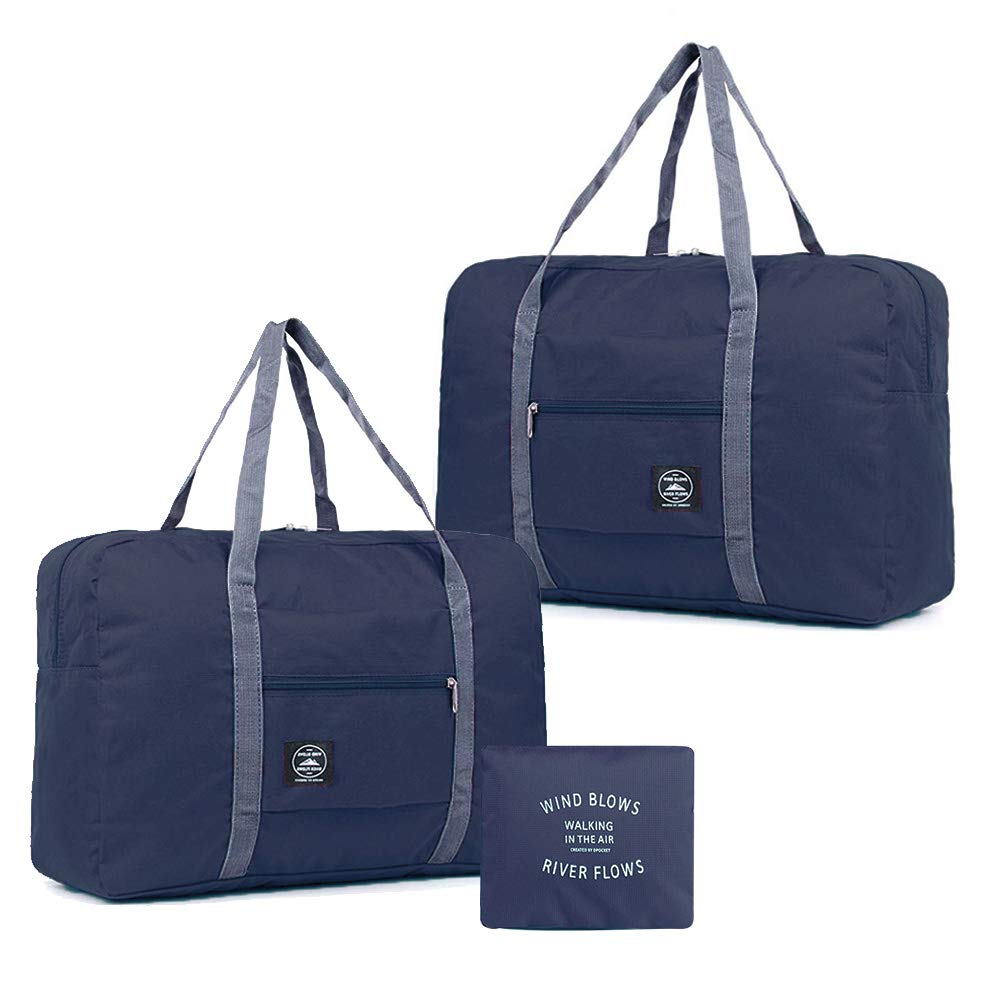 2 Pack Foldable Travel Duffel Bag, Lightweight Carry On Luggage Bag for Women and Men, Waterproof Multipurpose Sport Duffle for Sports, Gym, Vacation, Dark Blue, 18.7" x12.5" x6.2", 1