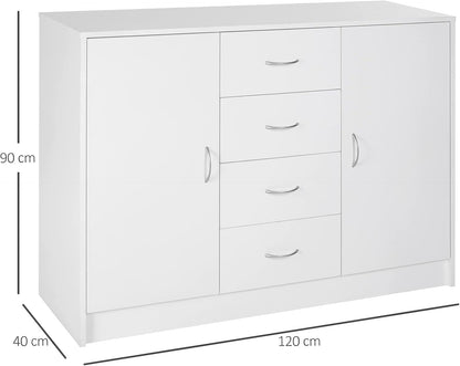 Freestanding Sideboard Cabinet with 2 Doors and 4 Drawers, Versatile Organizer for Kitchen, Dining, or Living Room in a Clean White Finish with a Modern Minimalist Style