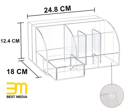 Clear Acrylic Desk Organizer, 8 Compartments Plus 1 Drawer Office Supplies Storage Organizer for Desktop, Home, and School