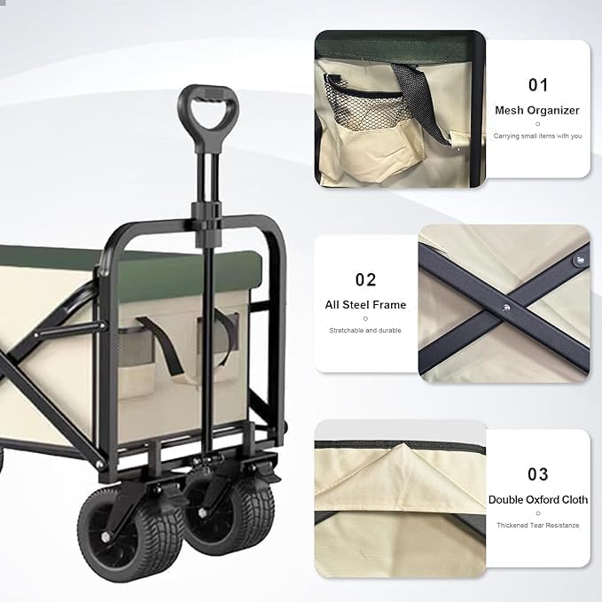 Generic Folding Wagon, Portable with W Heels, 150kg Beach Wagon, Wide Big360 Wheels & Outdoor, beach, camping, shopping, pets for Family, Mom, Dad - Green, Black