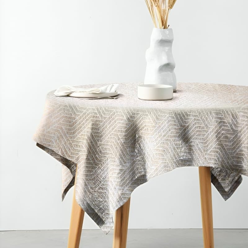 INtex Home Rectangular Tablecloth, Nadia’s Geometrical Design in Heavy Duty Linen Velvet Fabric, Soft Touch for Reception Living Room and Special Occasions - 1 Pc - 130 x 130 cm - Light Biege