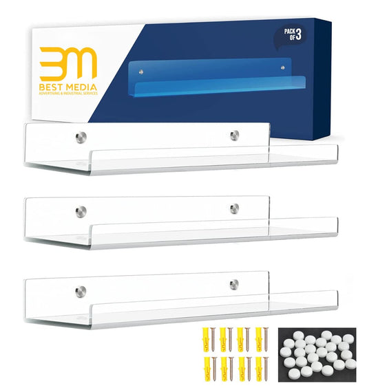 3-Piece Clear Acrylic Wall Shelves, Invisible Floating Bookshelves with Hidden Screws and Mounting Kit, Decorative Storage for Room Bathroom or Kitchen Walls, Sleek Transparent Design