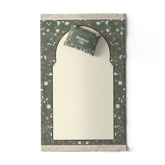 Velvet Prayer Mat in Beige and Olive, 68x117 cm, a luxurious rug with a beautiful mosque garden design, made from soft velvet for a comfortable and peaceful prayer experience