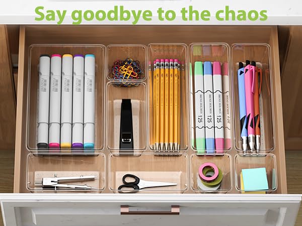 12 Piece Clear Drawer Organizer Set, 3 Sizes Bathroom Vanity Organizer Trays and Storage Bins for Makeup, Cosmetics, Jewelry, and Gadgets. Perfect for Office, Kitchen, Bedroom, Bathroom Use.