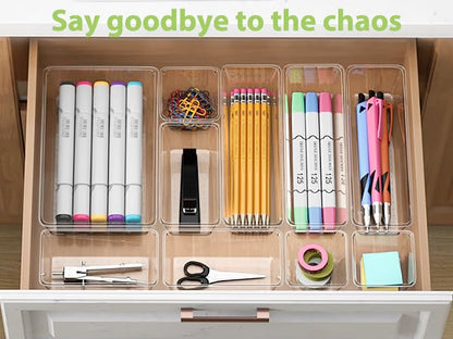 12 Piece Clear Drawer Organizer Set, 3 Sizes Bathroom Vanity Organizer Trays and Storage Bins for Makeup, Cosmetics, Jewelry, and Gadgets. Perfect for Office, Kitchen, Bedroom, Bathroom Use.