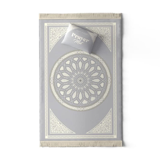 Velvet Prayer Mat in a modern Grey, 68x117 cm, a luxurious Islamic rug with a chic dome design, offering a soft and comfortable foundation for your prayers and meditation