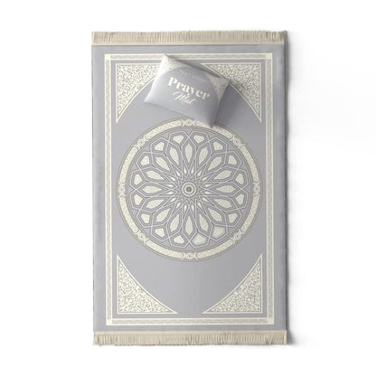 Velvet Prayer Mat in a sophisticated Grey, 68x117 cm, a luxurious Islamic rug with a beautiful dome design, made from soft material for a comfortable and peaceful prayer experience