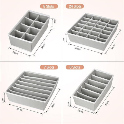 4-Pieces Fabric Wardrobe Organizer, Foldable Storage Bins for Underwear, Socks, Bras, and Accessories, Grey, 15 x 11 x 31 cm