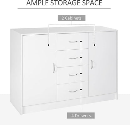 Freestanding Sideboard Cabinet with 2 Doors and 4 Drawers, Versatile Organizer for Kitchen, Dining, or Living Room in a Clean White Finish with a Modern Minimalist Style