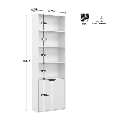 6 Tier Bookcase with 2 Doors in White, Wooden Cube Shelves, Tall Bookshelf Storage Cupboard, Soild Wood Organizer Display Free Standing Unit for Living Room