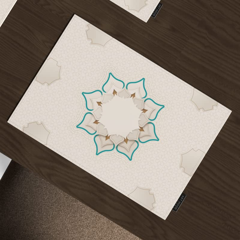 Dora 7-Piece Dining Set, includes 6 multicolor canvas placemats (45x30 cm) and 1 table runner (35x140 cm), featuring a vibrant, jewel-like Islamic pattern for a colorful table
