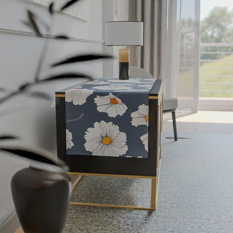 مفرش طاولة مخملي مزخرف باللون الأزرق السماوي والأبيض، قطعة مركزية زخرفية فاخرة وفخمة بنمط زهور أنيق، 35×140 سم، مثالي لطاولة ناعمة ومتطورة