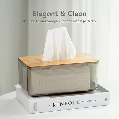 Acrylic Tissue Box Cover, Clear Rectangular Dispenser with Bamboo Wood Lid, Modern Holder for Tissues, Dryer Sheets or Wet Wipes, Bathroom & Living Room Organizer, Clear Gray